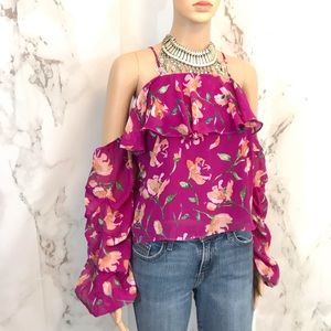 Floral Print Cold Shoulder Gathered Top